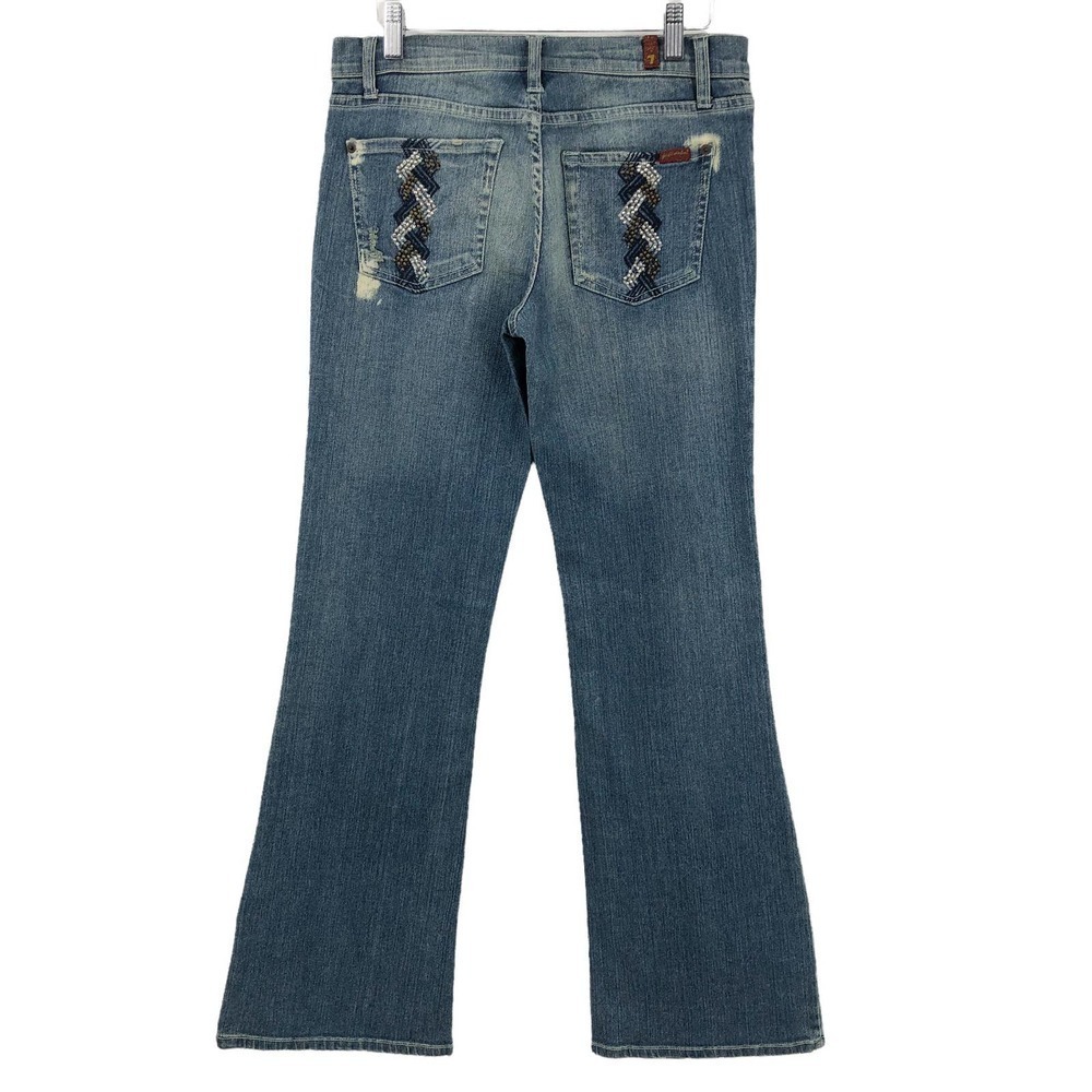 7 For All Mankind Women Bootcut Jeans Size 29 Distressed Med Wash Beaded Pockets
